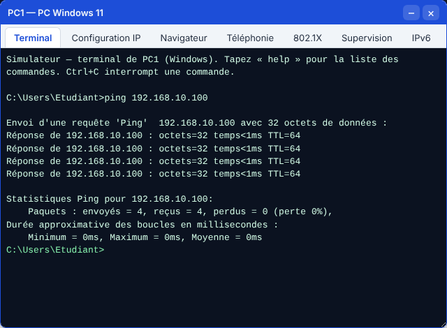 Ping dans le simulateur