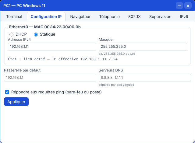 Configuration IP du simulateur