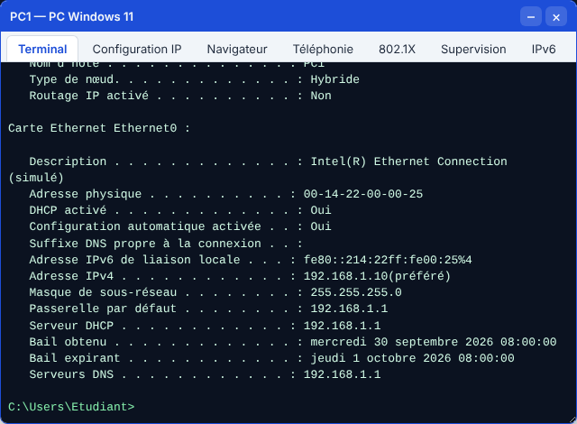 ipconfig /all dans le simulateur