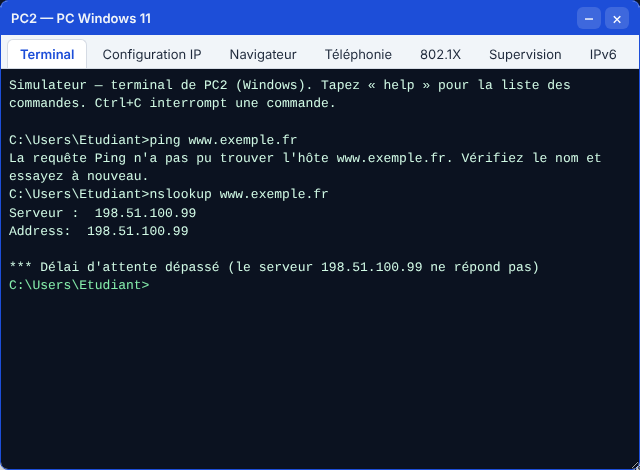 Panne DNS dans le simulateur