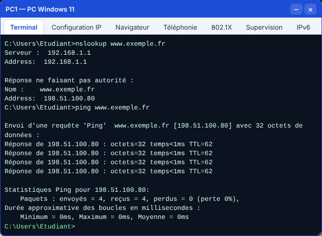 nslookup dans le simulateur